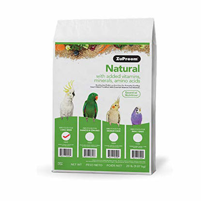 Picture of ZuPreem Natural Bird Food for Large Birds, 20 lb Bag - Made in The USA, Essential Vitamins, Minerals, Amino Acids for Amazons, Macaws, Cockatoos