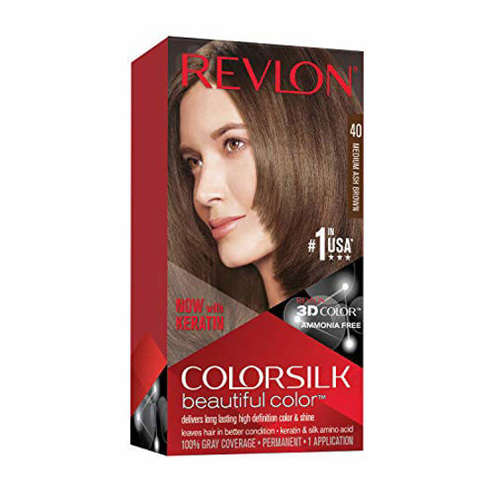 Picture of Revlon Colorsilk Beautiful Color Permanent Hair Color with 3D Gel Technology & Keratin, 100% Gray Coverage Hair Dye, 40 Medium Ash Brown