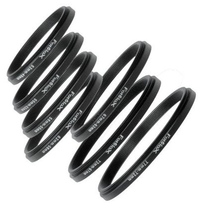 Picture of Fotodiox 7 Metal Step Down Ring Set, Anodized Black Metal. 77-72mm, 72-67mm, 67-62mm, 62-58mm, 58-55mm, 55-52mm, 52-49mm