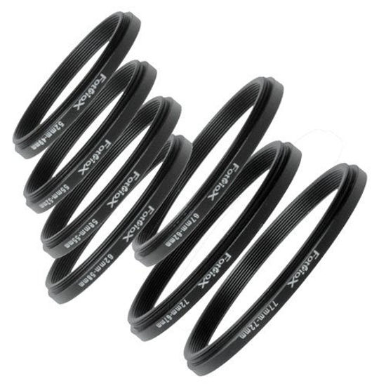 Picture of Fotodiox 7 Metal Step Down Ring Set, Anodized Black Metal. 77-72mm, 72-67mm, 67-62mm, 62-58mm, 58-55mm, 55-52mm, 52-49mm