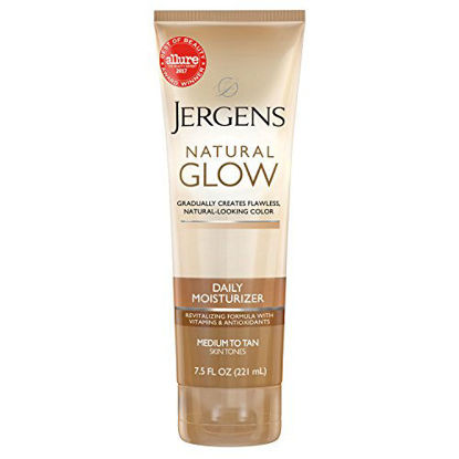Picture of Jergens Natural Glow Sunless Tanning Lotion, Self Tanner, Medium to Tan Skin Tone, Daily Moisturizer, 7.5 Ounce, featuring Antioxidants and Vitamin E