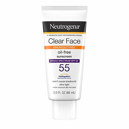 Picture of Neutrogena Clear Face Liquid Lotion Sunscreen for Acne-Prone Skin, Broad Spectrum SPF 55 with Helioplex Technology, Oil-Free, Fragrance-Free & Non-Comedogenic, 3 fl. oz