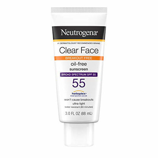 Picture of Neutrogena Clear Face Liquid Lotion Sunscreen for Acne-Prone Skin, Broad Spectrum SPF 55 with Helioplex Technology, Oil-Free, Fragrance-Free & Non-Comedogenic, 3 fl. oz