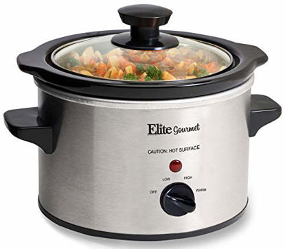 Picture of Elite Gourmet Lid & Ceramic Pot Slow Cooker with Adjustable Temp, Entrees, Sauces, Stews & Dips, Dishwasher Safe Glass Lid & Crock, 1.5 Quart, Stainless Steel