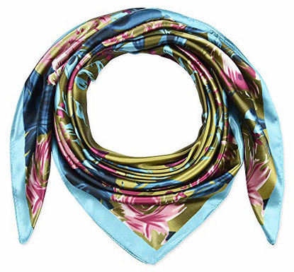 Picture of Large Square Satin Silk Like Lightweight Scarfs Hair Sleeping Wraps for Women Pink Turquoise Camellia Floral Flower Pattern