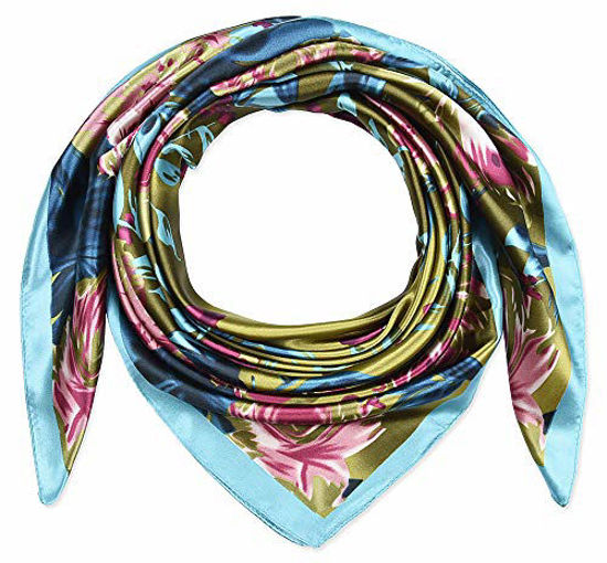 Picture of Large Square Satin Silk Like Lightweight Scarfs Hair Sleeping Wraps for Women Pink Turquoise Camellia Floral Flower Pattern