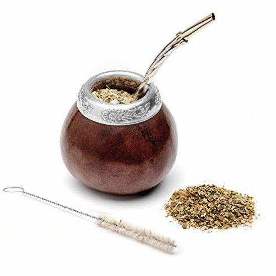Picture of Balibetov [New] Handmade Natural Mate Gourd Set (Original Mate Cup) Including Bombilla (Yerba Mate Straw) (Dark Brown)