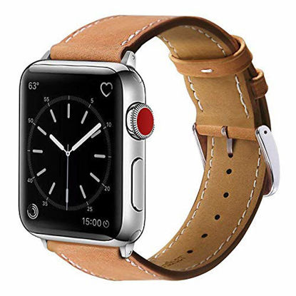 Picture of Marge Plus Compatible with Apple Watch Band 42mm 44mm, Genuine Leather Replacement Band Compatible with Apple Watch SE Series 6 5 4 (44mm) Series 3 2 1 (42mm), Brown Band/Silver Adapter