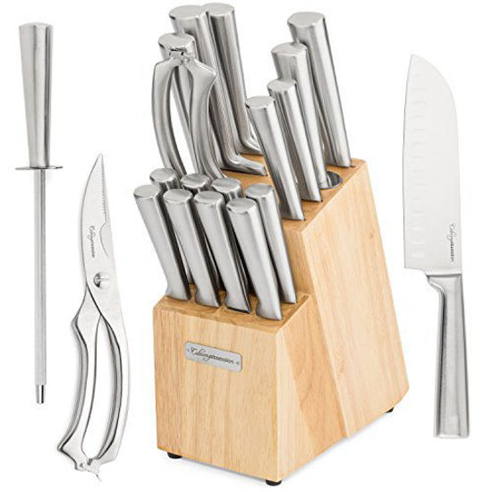 Picture of Knife Block Set | 17 Piece - Includes Solid Wood Block, 6 Stainless Steel Kitchen Knives, Set of 8 Serrated Steak Knives, Heavy Duty Poultry Shears, and a Carbon Steel Sharpening Rod