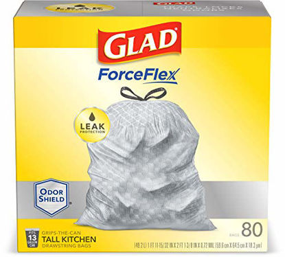 Picture of Glad ForceFlex Tall Kitchen Drawstring Trash Bags 13 Gallon Grey Trash Bag, Unscented 80 Count (Package May Vary)