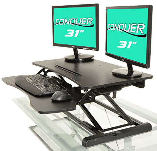 Conquer compact standing desk height adjustable monitor on sale riser gas spring tabletop sit to stand workstation