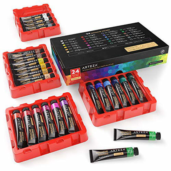 Picture of Arteza Gouache Paint, Set of 24 Colors/Tubes (24x12ml/0.4oz) with Storage Box, Rich Pigments, Vibrant, Non Toxic Paints for The Professional Artist, Hobby Painters & Kids, Ideal for Canvas Painting