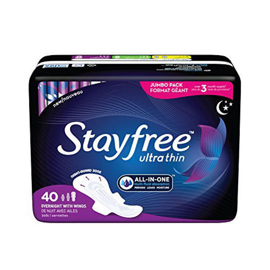 Picture of Stayfree Ultra Thin Overnight Pads with Wings, For Women, Reliable Protection and Absorbency of Feminine Moisture, Leaks and Periods, 40 count - Pack of 3