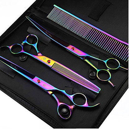 Picture of Purple Dragon 8 inch 3 in 1 Professional Pet Grooming Thinning Scissors - Upward Curved Shears and Dog Hair Cutting Scissor - Perfect for Pet Groomer or Family DIY Use (Rainbow)