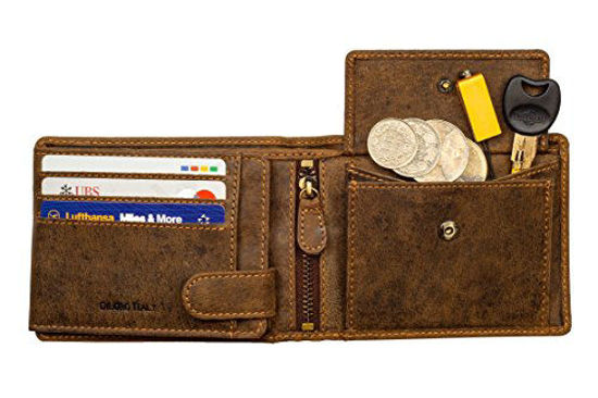 Picture of DiLoro Italy Full Size Mens Leather Wallet Bifold Flip ID Zip Coin Wallets with RFID Protection (Dark Hunter Brown With ID)