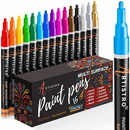 Picture of Paint Pens for Rock Painting, Stone, Metal, Ceramic, Porcelain, Glass, Wood, Fabric, Canvas. Set of 15 Permanent Oil Based Paint Markers Fine Tip