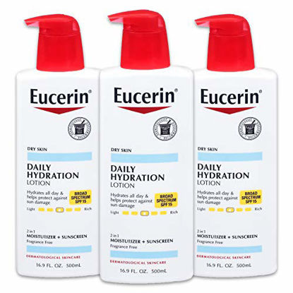 Picture of Eucerin Daily Hydration Lotion with SPF 15 - Broad Spectrum Body Lotion for Dry Skin - 16.9 fl. Oz. Pump Bottle (Pack of 3)