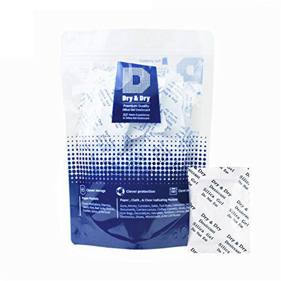 Picture of 5 Gram Pack of 50 "Dry & Dry" Premium Pure & Safe Silica Gel Packets Desiccant Dehumidifiers - Food Safe Rechargeable Paper