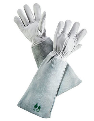 Picture of Leather Gardening Gloves by Fir Tree. Premium Goatskin Gloves With Cowhide Suede Gauntlet Sleeves. Perfect Rose Garden Gloves. Men's and Women's Sizes. M-8 (See Size Chart Photo)
