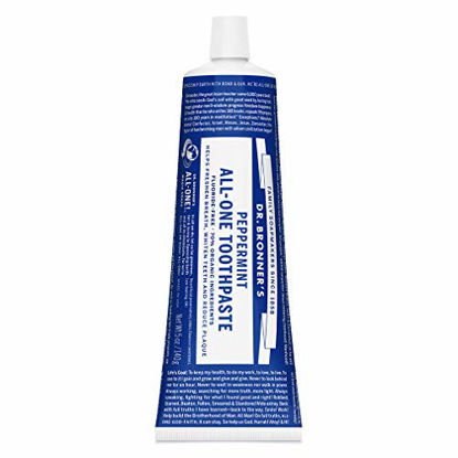 Picture of Dr. Bronners - All-One Toothpaste (Peppermint, 5 ounce) - 70% Organic Ingredients, Natural and Effective, Fluoride-Free, SLS-Free, Helps Freshen Breath, Reduce Plaque, Whiten Teeth, Vegan