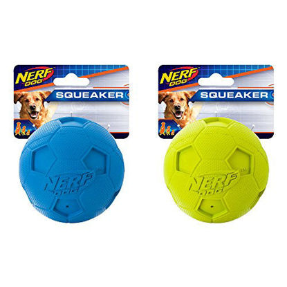 Picture of Nerf Dog Soccer Ball Dog Toy with Interactive Squeaker, Lightweight, Durable and Water Resistant, Smaller Diameter for Small/Medium/Large Breeds, Two Pack, Green and Blue