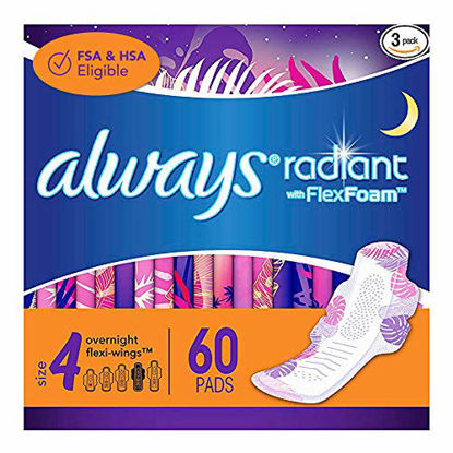 Picture of Always Radiant Feminine Pads for Women, Size 4, 60 Count, Overnight Absorbency, With Wings, Scented (20 Count, Pack of 3 - 60 Count Total)