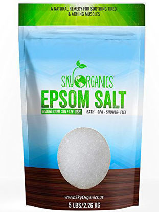 Picture of Epsom Salt by Sky Organics (5 lbs.) - 100% Pure Magnesium Sulfate USP Grade Kosher Non-GMO - Bath and Foot Soak Soothing Body Soak. Made in USA