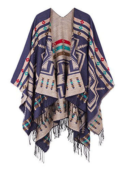 Picture of Urban CoCo Women's Printed Tassel Open front Poncho Cape Cardigan Wrap Shawl (Series 1-Navy blue)