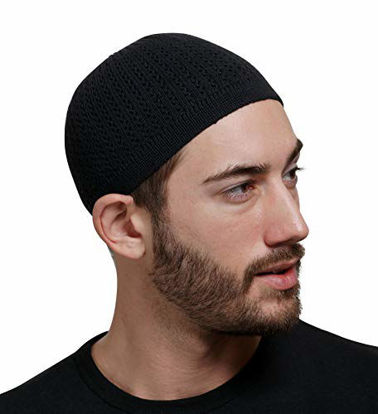 Picture of Elastic Kufi Hat Skull Cap with Wavy Threading in Multiple Designs and Colors (Black)