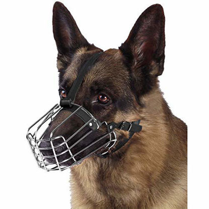 Picture of BRONZEDOG Dog Muzzle German Shepherd Wire Basket Metal Mask Leather Adjustable Medium Large Pets (L)
