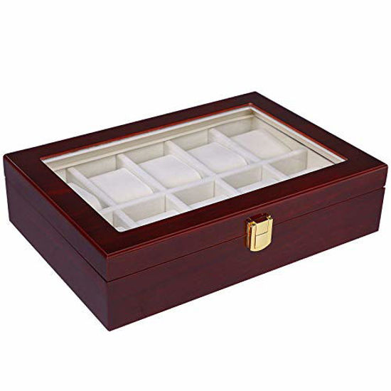 Picture of SONGMICS 10 Slots Watch Box Cherry Watch Display Case Storage Organizer Large Glass Top UJOW10C