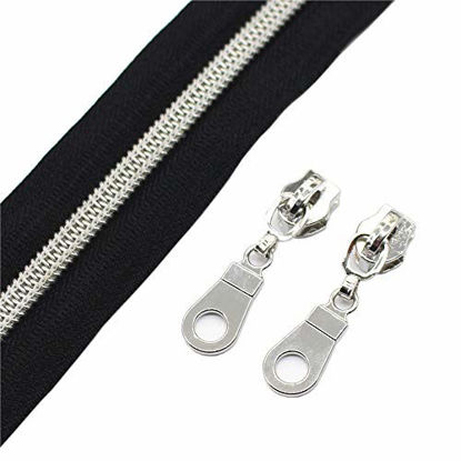 Picture of YaHoGa #5 Silver Metallic Nylon Coil Zippers by The Yard Bulk Black 10 Yards with 25pcs Sliders for DIY Sewing Tailor Craft Bags (Silver Black)