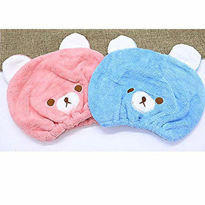 Picture of Soft Absorbent Dry Hair Cap Kids Quick Drying Towel Head Wrap Set, Pink, Blue2 Pcs