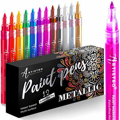 Picture of Metallic Paint Pens for Rock Painting, Stone, Pebbles, Ceramic, Glass, Wood, Fabric, Scrapbook Journals, Photo Albums, Card Stocks. Set of 12 Acrylic Paint Markers Extra-Fine Tip 0.7mm