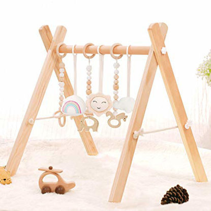 Picture of HAN-MM Wooden Baby Gym with 6 Wooden Baby Teething Toys Foldable Baby Play Gym Frame Activity Gym Hanging Bar Newborn Gift Baby Girl and Boy Gym (Natural Color)