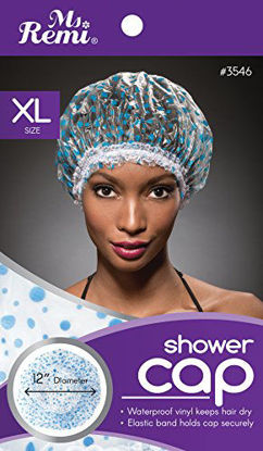 Picture of Shower Cap - Blue Dot Pattern, Vinyl material, elastic band, extra large, large, wont fall off your head,
