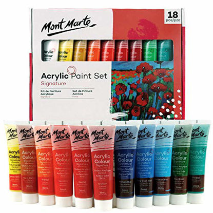 Picture of Mont Marte Acrylic Paint Set 18 Colours 36ml, Perfect for Canvas, Wood, Fabric, Leather, Cardboard, Paper, MDF and Crafts