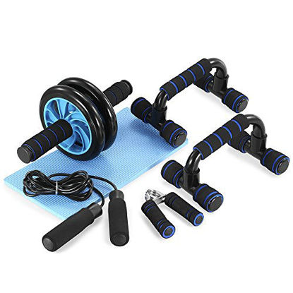Picture of TOMSHOO 5-in-1 AB Wheel Roller Kit AB Roller Pro with Push-UP Bar, Hand Griper, Jump Rope and Knee Pad - Portable Equipment for Home Exercise, Workout (Upgraded Version)