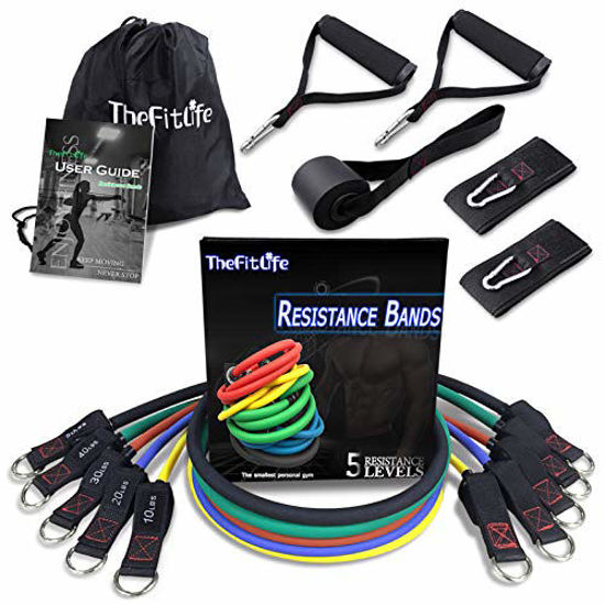 Picture of TheFitLife Exercise Resistance Bands with Handles - 5 Fitness Workout Bands Stackable up to 110 lbs, Training Tubes with Large Handles, Ankle Straps, Door Anchor Attachment, Carry Bag and Bonus eBook