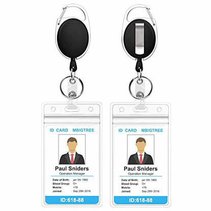 Picture of 2 Pack Heavy Duty Retractable Badge Holders with Carabiner Reel Clip and Vertical Style Clear ID Card Holders, 24 inches Thick Kevlar Pull Cord