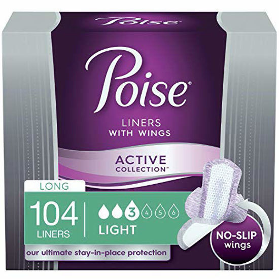 Picture of Poise Ultra Thin Incontinence Panty Liners with Wings, Active Collection, Light Absorbency, Long, 104 Count (4 Packs of 26) (Packaging May Vary)