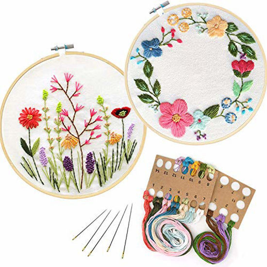 Full Range of Embroidery Starter Kit with Pattern,UNIME Cross Stitch Kit  Including Embroidery Cloth with Plant Pattern, Bamboo Embroidery Hoop,  Color