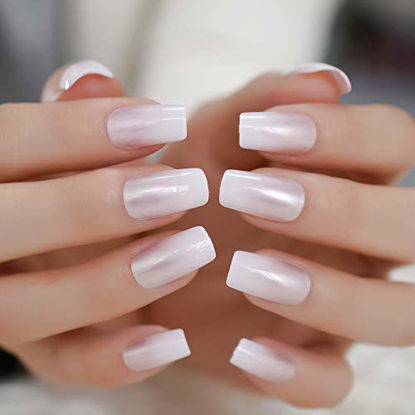 Picture of Pearl Shine Glossy Fake Nails Shimmer White Square French Nail Ombre Faux Ongles Gradient Medium Fingernails with Gluetabs