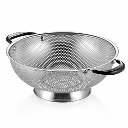 Picture of 18/8 Stainless Steel Colander, Easy Grip Micro-Perforated 5-Quart Colander, Strainer with Riveted and Heat Resistant Handles, BPA Free. Great for Pasta, Noodles, Vegetables and Fruits