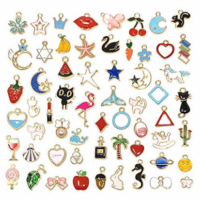 Picture of JIALEEY 60PCS Assorted Gold Plated Enamel Animal Moon Star Fruit Charm Pendant DIY for Necklace Bracelet Jewelry Making and Crafting