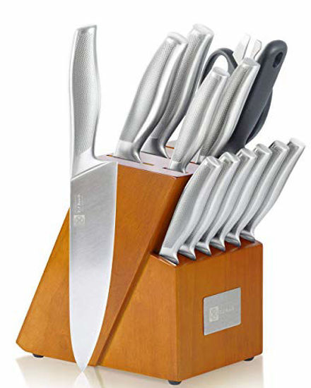 Picture of T.J Koch Knife Set Stainless Steel Knives Premium Non-slip Single Piece with Golden Oak Block Kitchen Scissors Sharpener Rod 14-piece