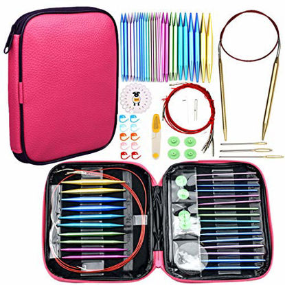 Picture of Looen 37pcs Aluminum Circular Knitting Needles Set with Ergonomic Handles,13 Size Interchangeable Crochet Needles with Storage Case for Small Project (Style 1)