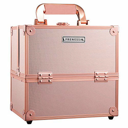 Picture of Makeup Train Case Rose Gold Travel Beauty Cosmetic Box Professional 4-trays Jewelry Storage Organizer with Lockable Portable for Women and Girls Frenessa