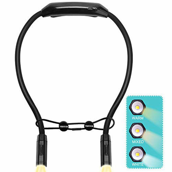 Picture of Vekkia Rechargeable Neck Book Light - LED Reading Lights for Books in Bed. 3 Colors, 9 Brightness Levels, Up to 60 Hrs Lasting, Hands Free for Bookworms, Crafts & Runner (Black, Buckle Rope Included)