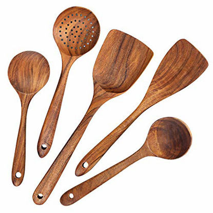 Picture of AOOSY Wood Cooking Utensils, Wooden Kitchen Utensil Set, Wooden Spoons for Cooking, 5pcs Japanese Style Reusable Heat Scratch Resistant Non-Stick Pans Utensils Set including Soup Spoon Spatula